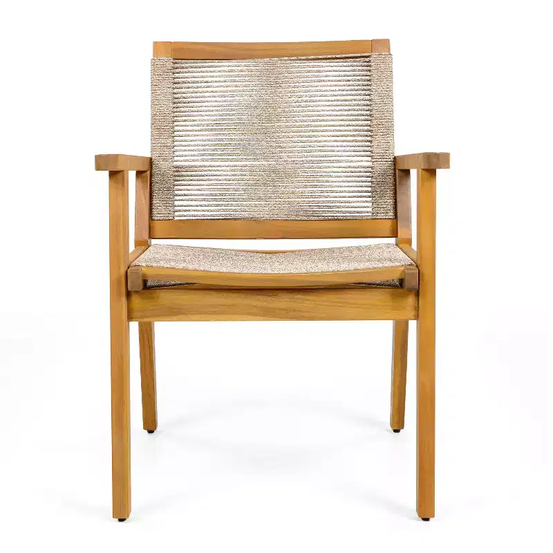 Outdoor Dining Chairs Set of 2, Teak Finish Wood Frame and Mix Brown Rope, Natural Courtyard Style, 400lbs Capacity