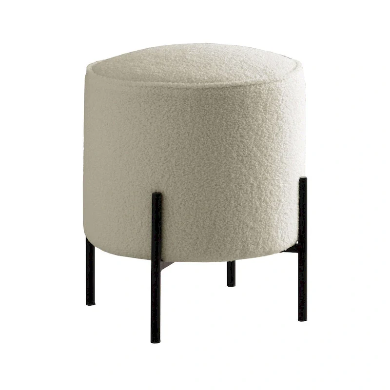 18 Inch Modern Foam Ottoman, Beige Faux Sheep Skin, Matte Black Metal Legs