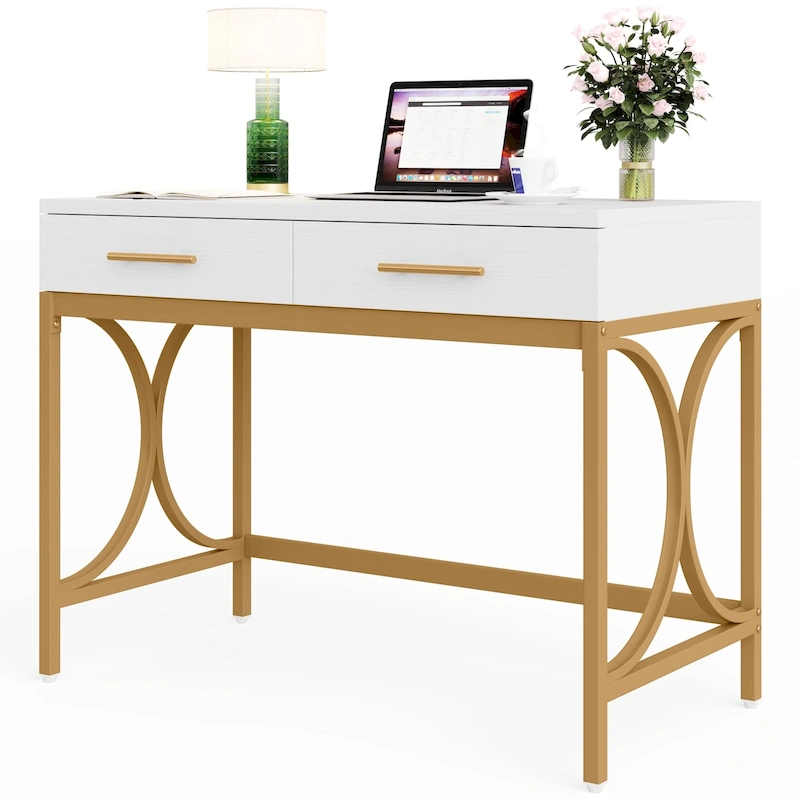 Modern Computer Writing Desk with 2 Drawers, White and Gold Home Office Desk, Makeup Vanity Table
