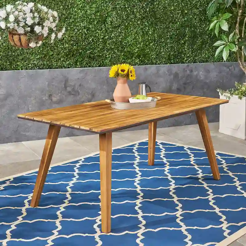 71 Inch Teak Acacia Wood Outdoor Dining Table Iron Accents Rustic Metal