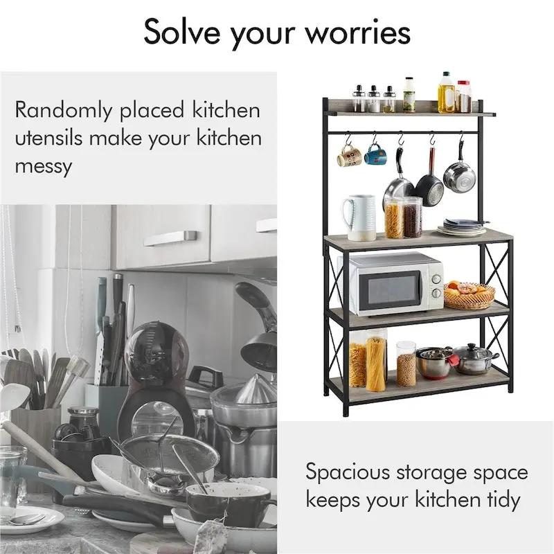 Rustic Brown / Grey Industrial 4-Tier Kitchen Baker's Rack with Hooks