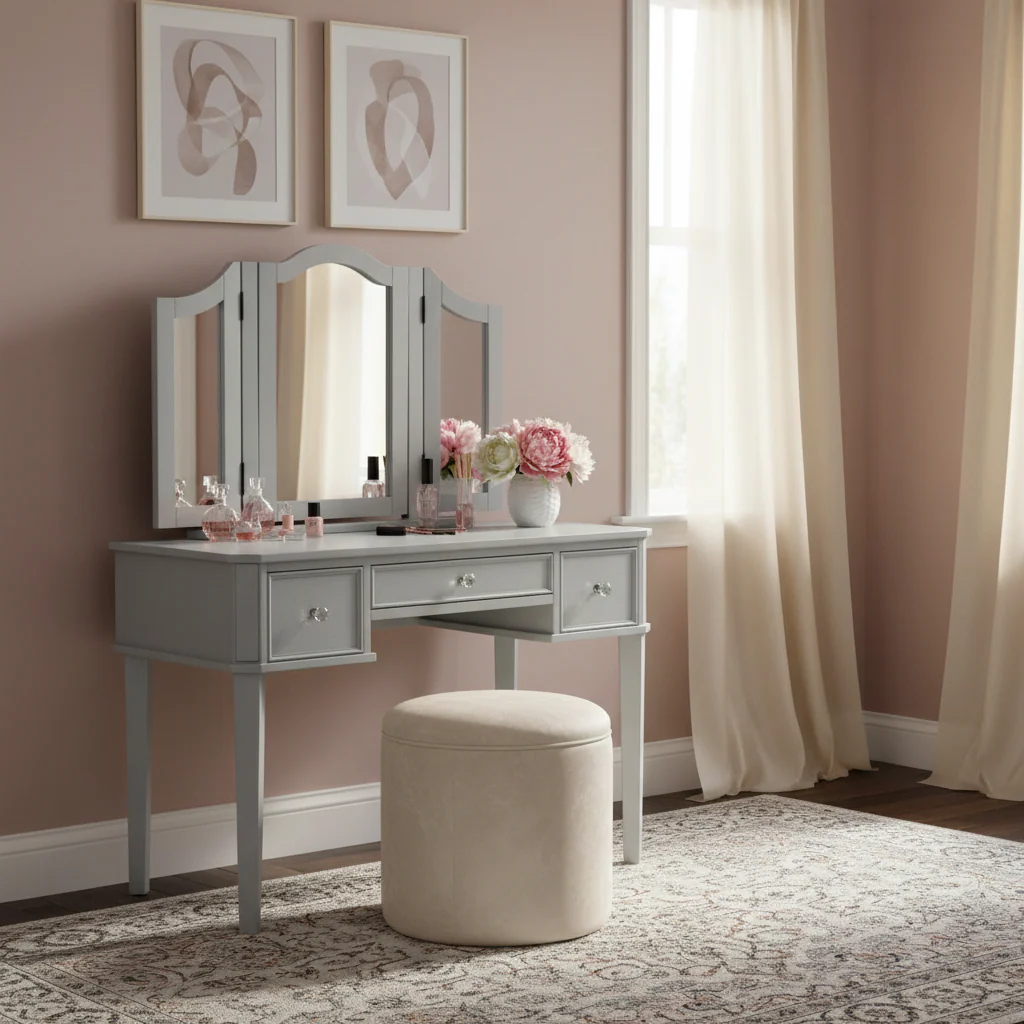 Makeup Vanity with Tri-fold Mirror - White/Rose Gold/Silver