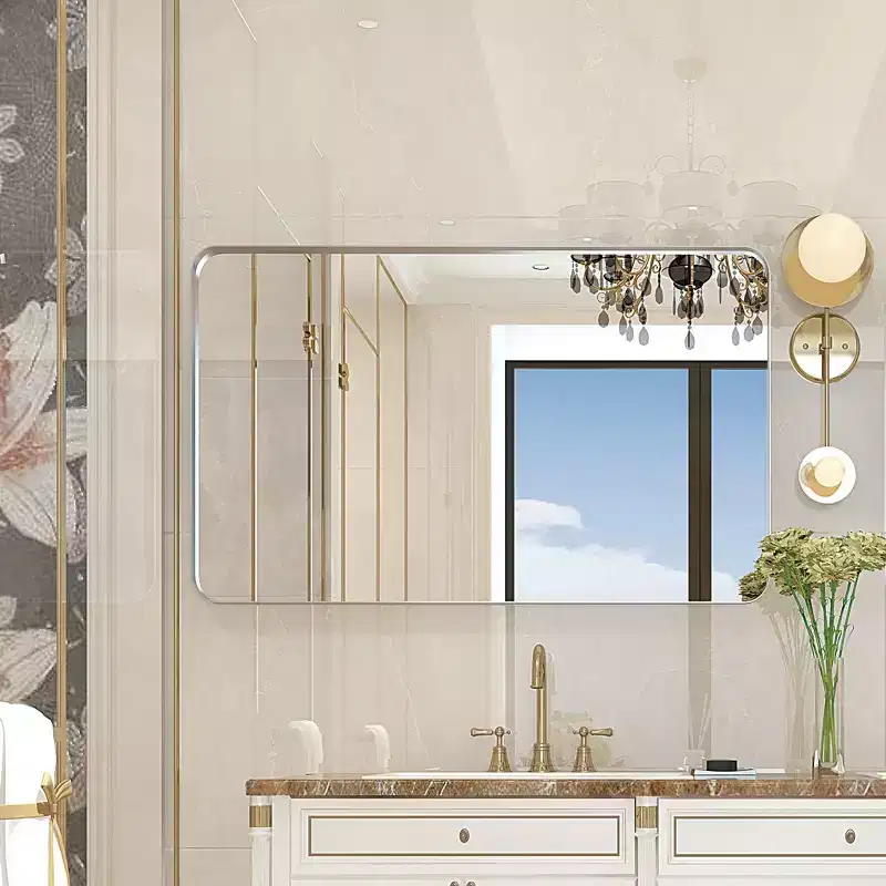 36x30 Glossy Brushed Silver Rectangular Mirror: Rounded Corners, Metal Frame, Wall Mount, Home Decor
