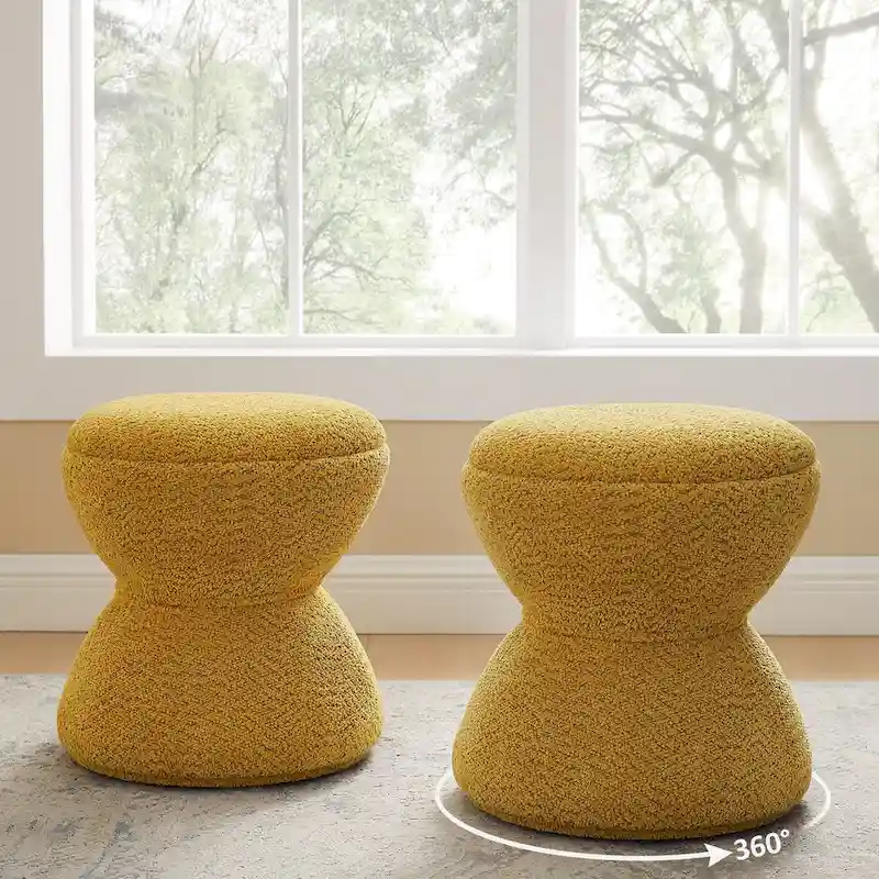 Djembe Boucle Upholstered Ottoman with Swivel Base, Pouf, Swivel Vanity Stool for Living Room, Walk-in Closet (Set of 2)