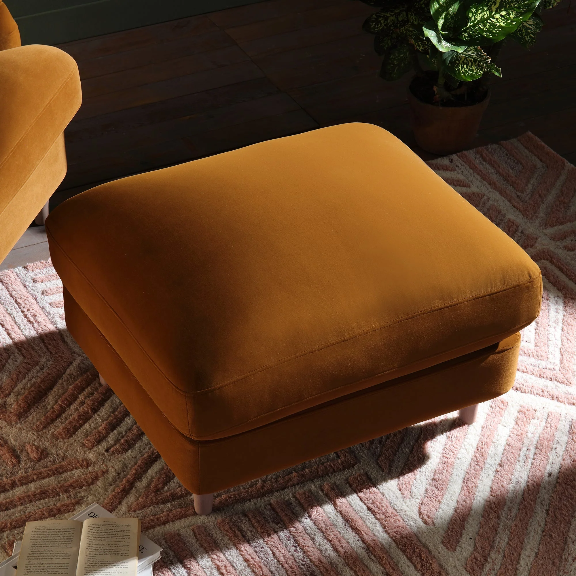 Traditional English Footstool - Cinnamon Velvet, Washed Wood Legs, Padded Seat, 31.5
