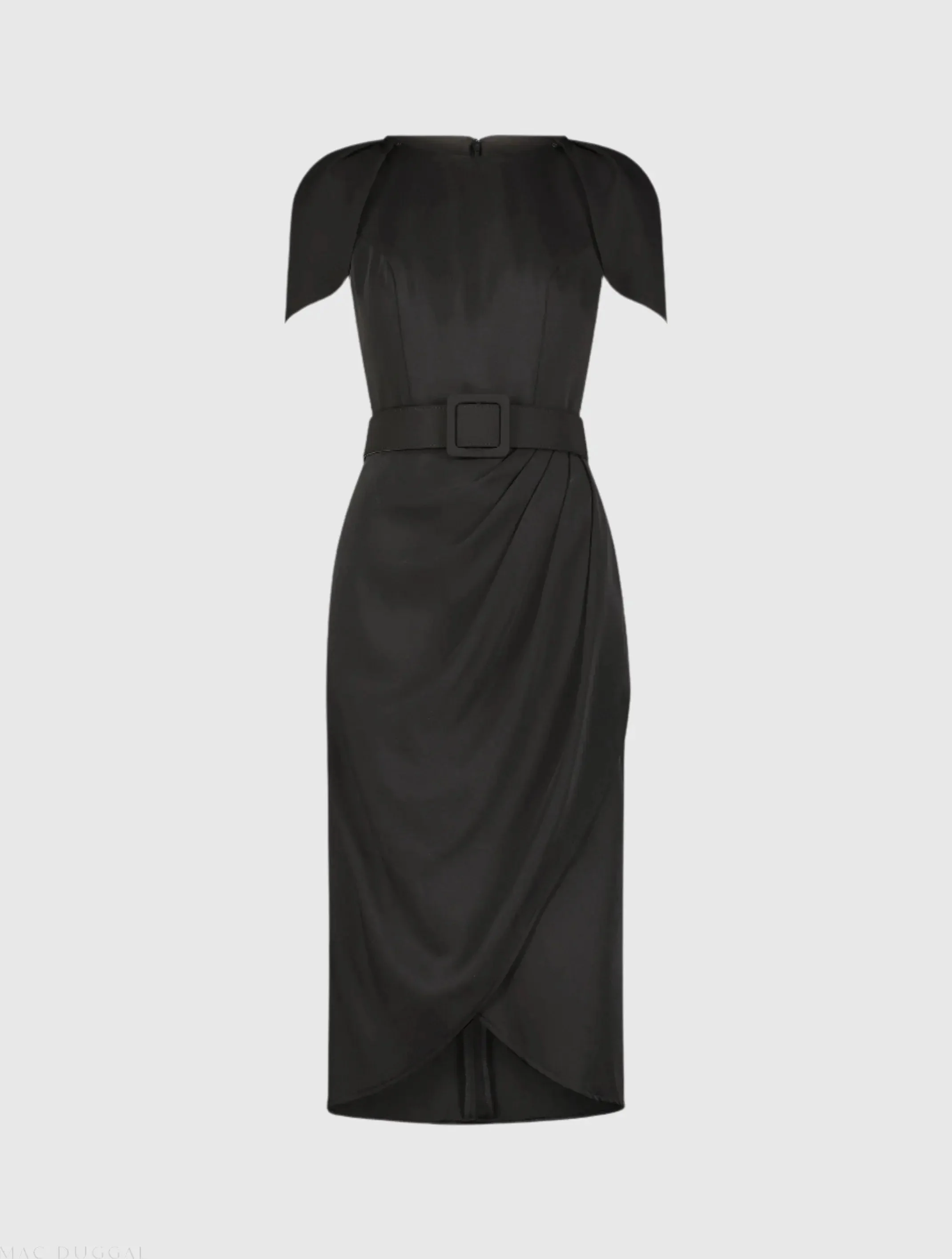Black Crepe Boat Neck Midi Tulip Dress With Belt