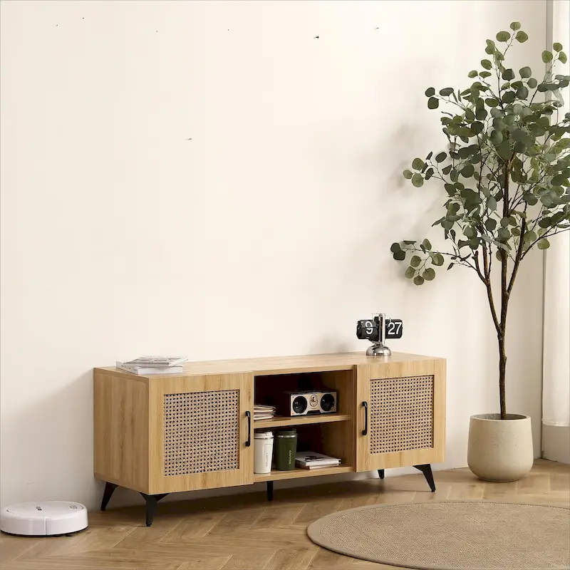 TV Stand Storage Cabinet with Rattan Net, 51.2 Inch