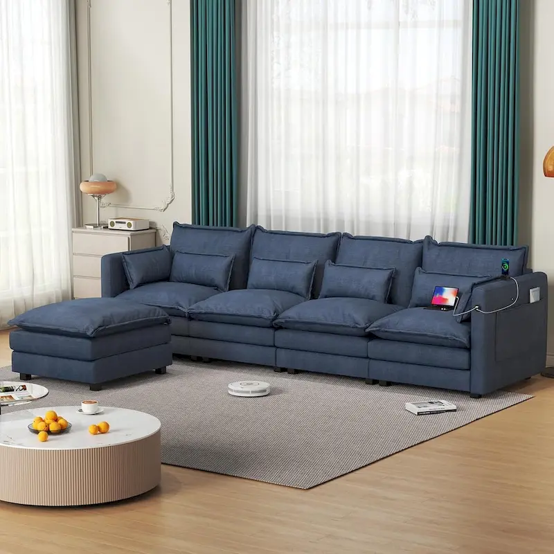 Modular Sectional Sofa L Shaped Couch, 3/4 Seat Sofa Set with Ottoman, Chenille Fabric