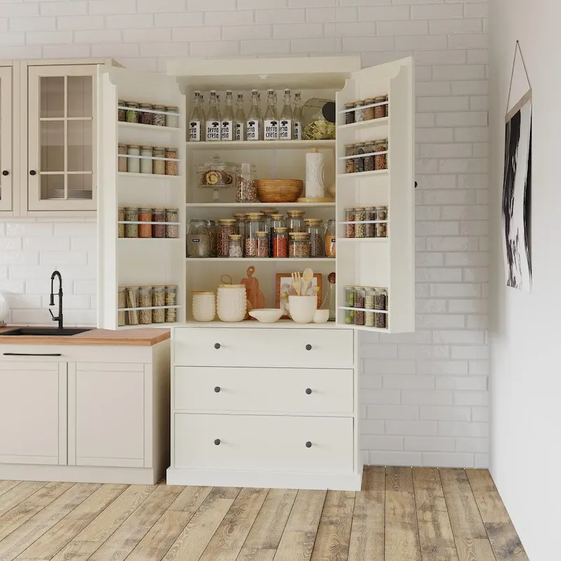 Cream / White Freestanding Kitchen Pantry Cabinet, 3 Drawers & 8 Door Shelves, 77