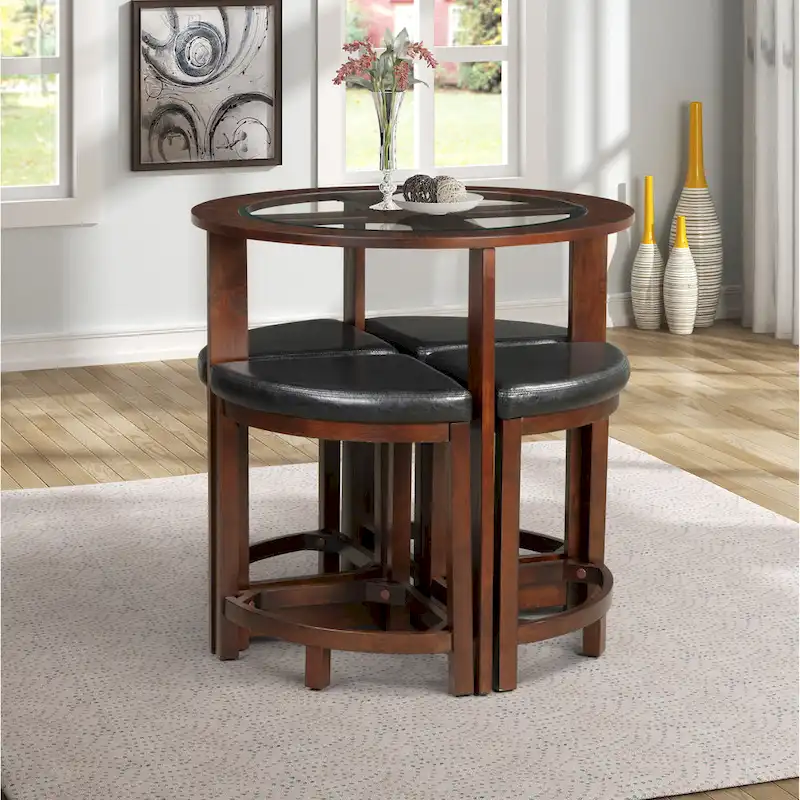 Roundhill Furniture 5 Piece Round Counter Height Dining Set in Solid Wood with Glass Table Top
