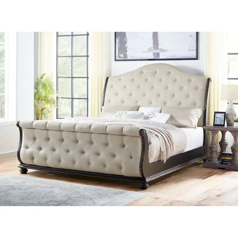 Beige Polyester Button-Tufted Sleigh Bed – King/Queen