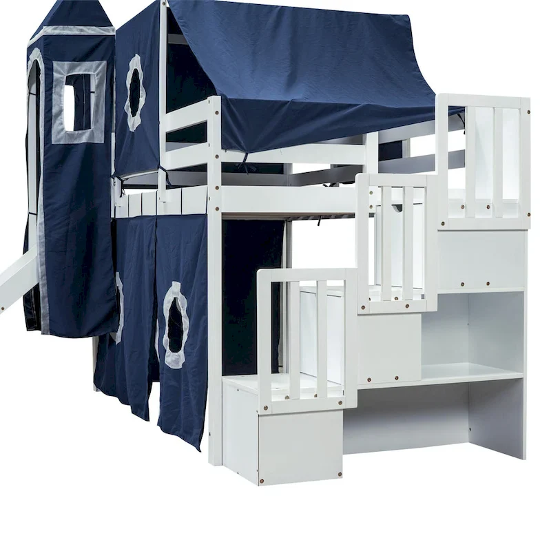 Twin Pine Loft Bed with Staircase, Slide, Tent, Tower, and Guardrail