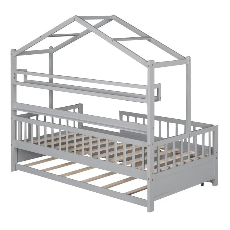 White/Grey, Twin+Full, House-Style Kids Bed with Trundle – 2-Person