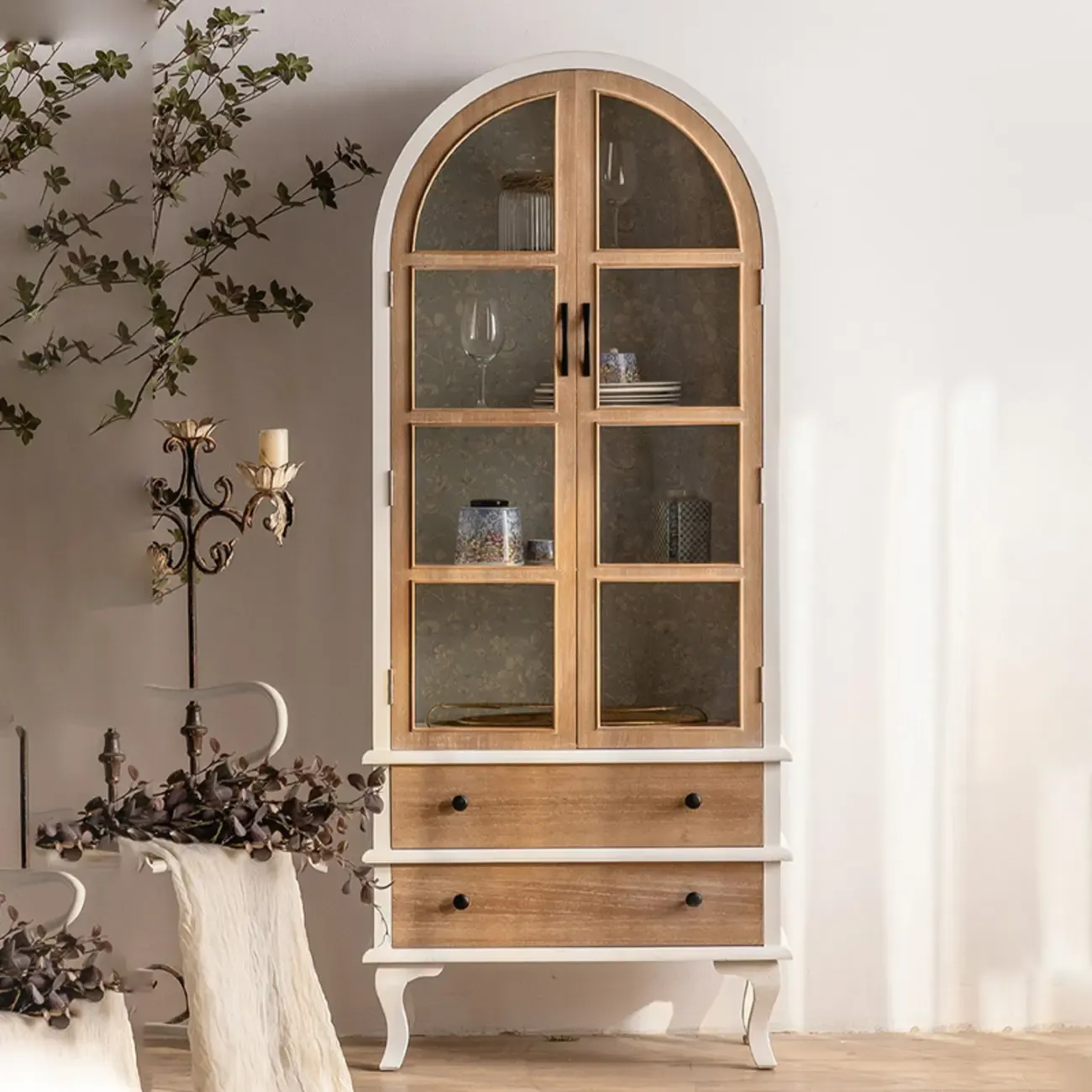 Glam Wooden and Metal Curved Display Cabinet for Kitchen