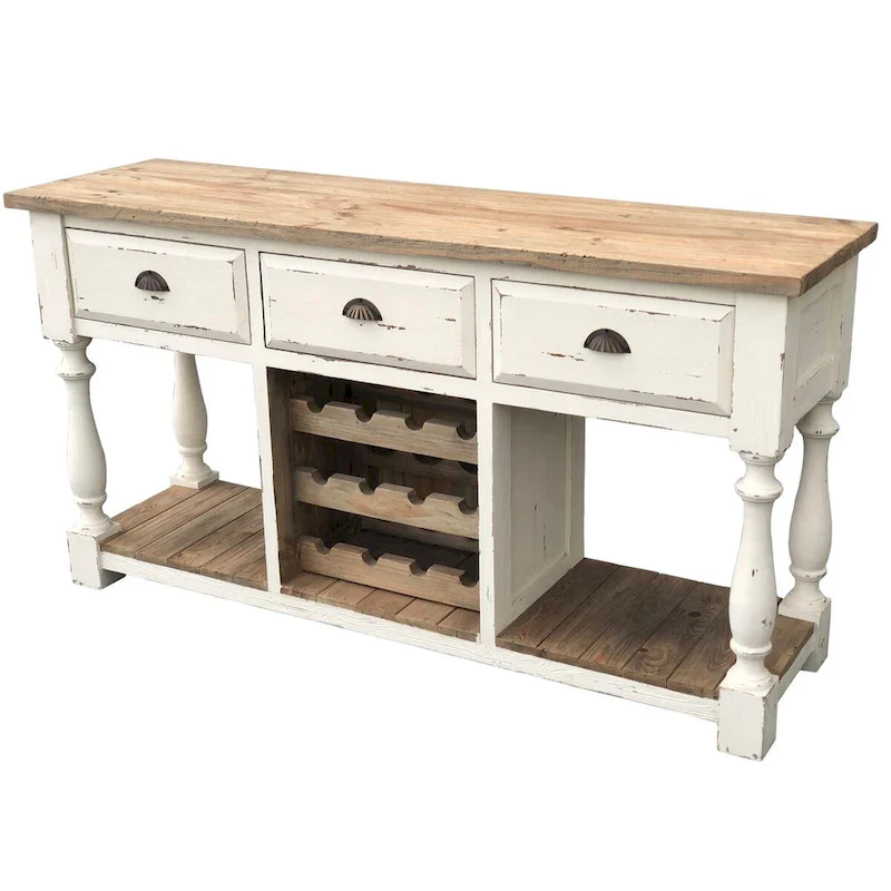 White Chalk & Natural Pine Console with Wine Rack + 3 Drawers