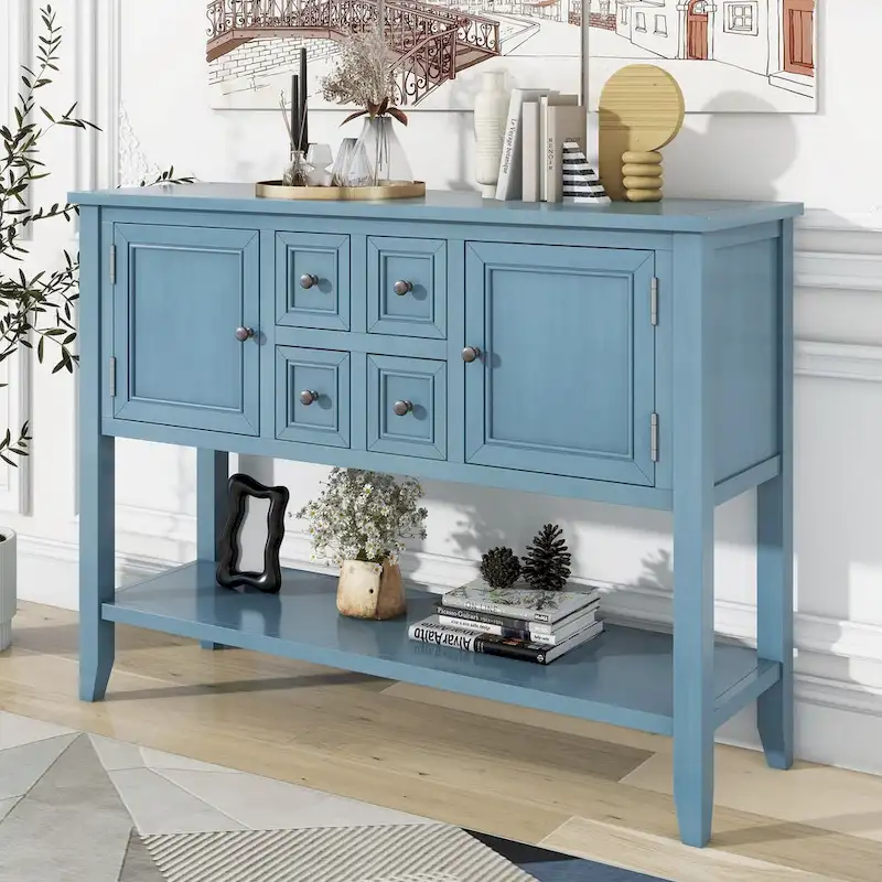 Dark Blue 4-Drawer Sideboard Cabinet with Storage Shelf