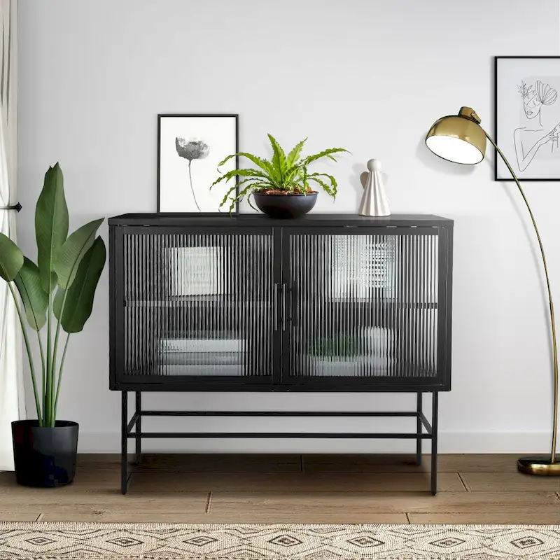 Black Double-Door Tempered Glass Sideboard Cabinet with Adjustable Shelf, 1-Person Assembly