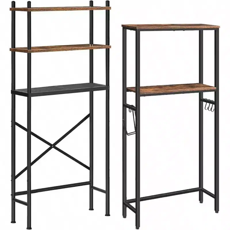 Over Toilet Storage 3 - Tier 2 - Tier Bathroom Organizer Freestanding Shelf with Adjustable Feet Rustic Brown and Black