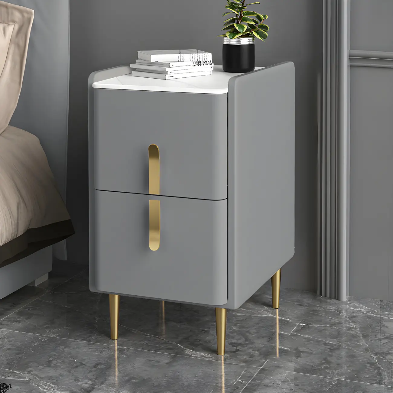 Glam Night Table with 2 Drawers – Off-White Finish