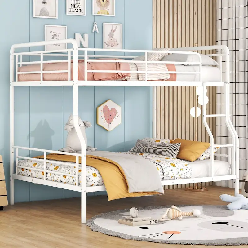 White Full XL over Queen Metal Bunk Bed, 2-Person