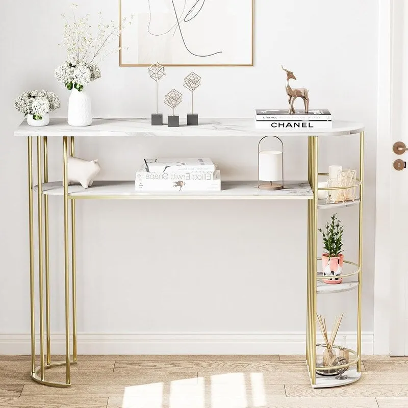 Gold & White Console Table with Storage Shelves, 1-Person Assembly, Modern Style