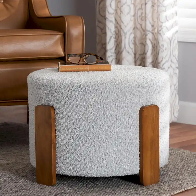 Finlay Modern Japandi Boucle Fabric and Wood Ottoman Footstool