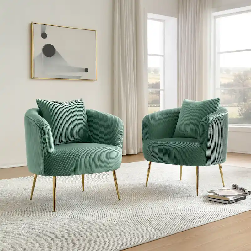 Velvet Barrel Accent Chairs with Golden Legs Set of 2
