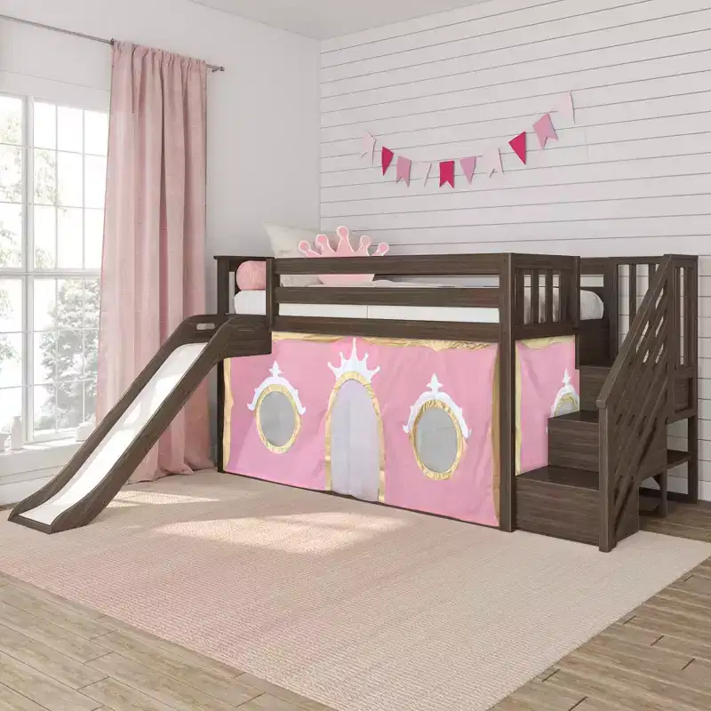 Low Twin over Twin Bunk With Stairs, Easy Slide & Light Pink & Gold Princess Curtain