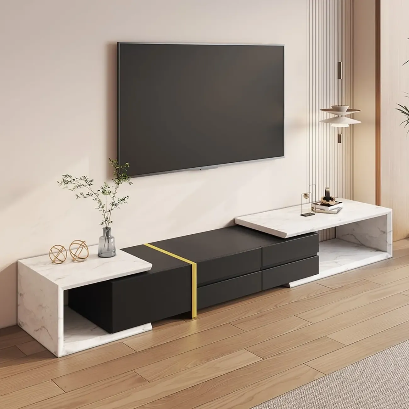 Extendable Modern White & Black 2 Drawers Wooden TV Stand