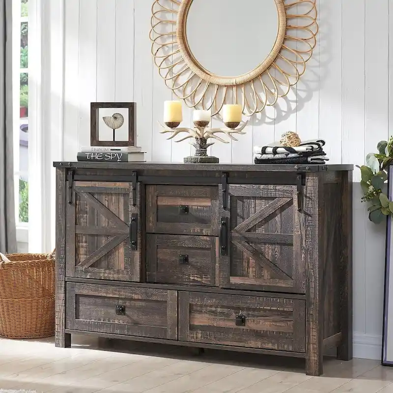 Rustic Farmhouse Dresser – 4 Drawers & 2 Sliding Cabinets | Light/Dark Oak, Antique White, Barnwood