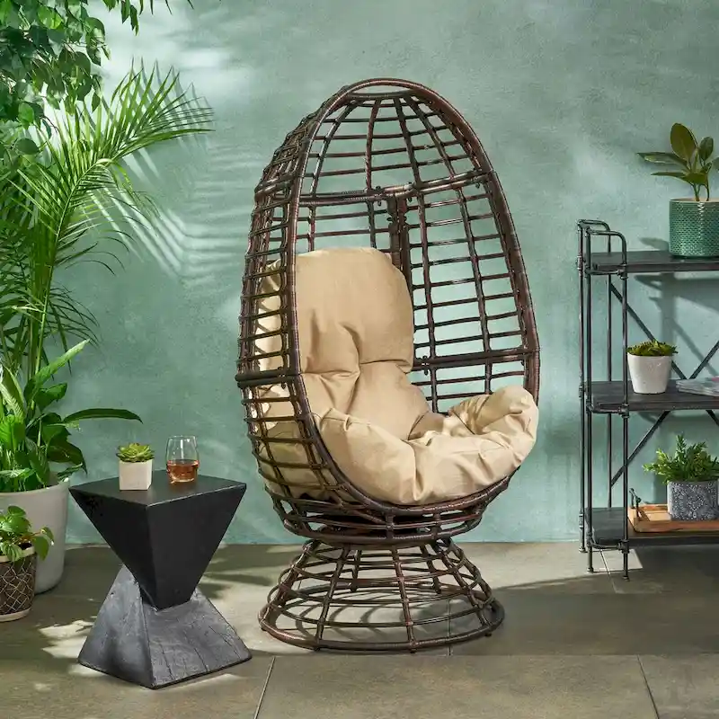 Oaks Aura Abstract Mesh Design Wicker Chair, Handcrafted Woven Rattan Swivel Egg Shape Chair, Basket Shape Chair With Cushion