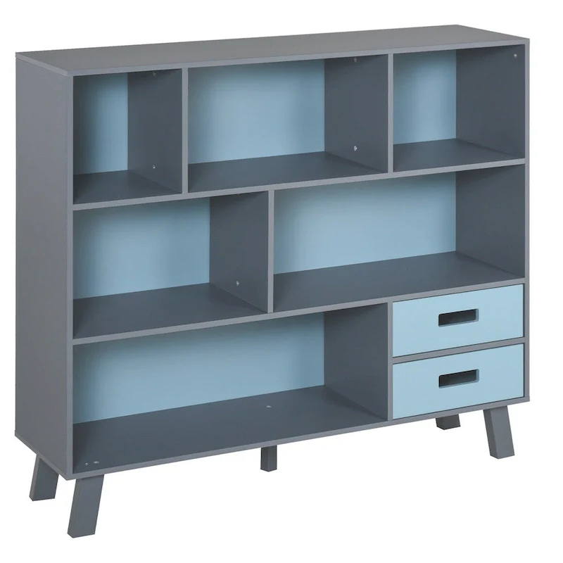 3-Tier Kids Bookcase with 2 Drawers – White/Grey & Blue/Grey