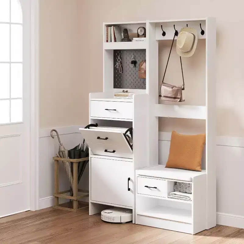 Heynemo 7-in-1 Hall Tree with Hidden Shoe Storage, Entryway Bench with Coat Rack and Pegboard, Coat Rack with Bench Mudroom Storage