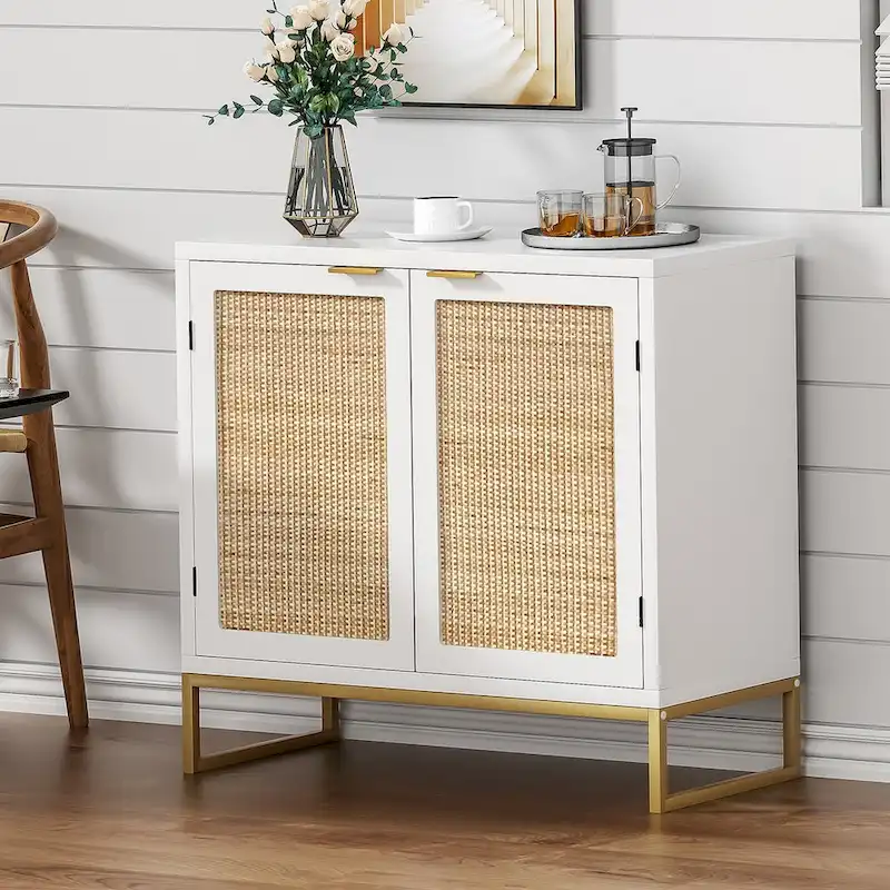 White Farmhouse Buffet Sideboard with Natural Rattan Doors, Gold Metal Base & 2 Storage Compartments, 31.5 Inch