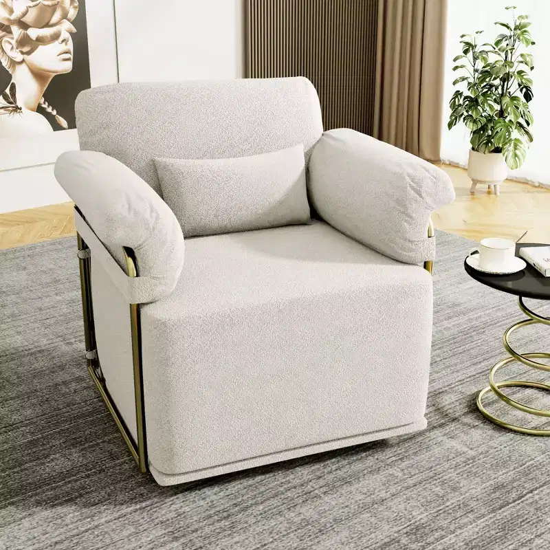 TUYOHW Square Swivel Accent Chair,Fluffy Fabric Upholstered Chair with Golden Metal Legs,Pocket Spring Cushion,Lounge Chair for Living Room,Bedroom