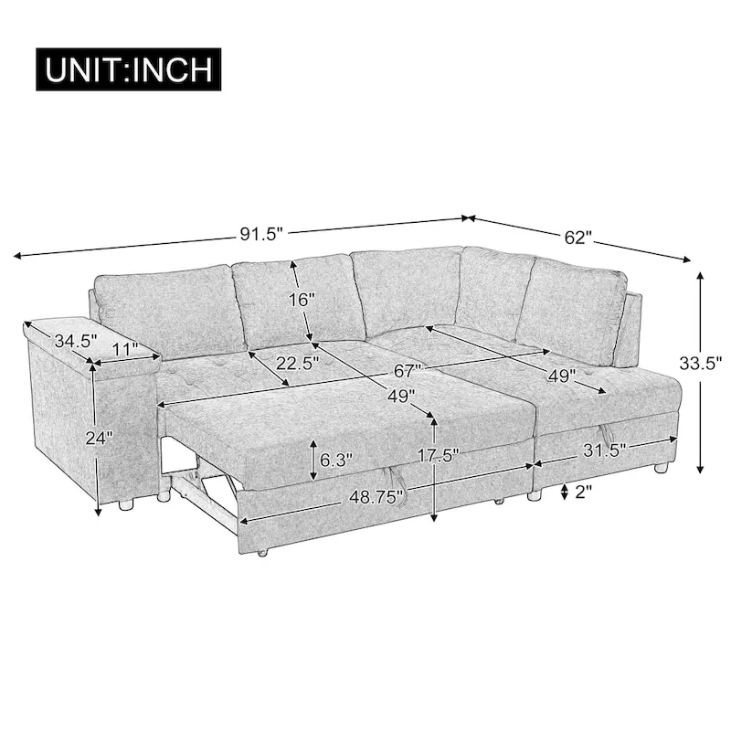 3-Seater Convertible Polyester Sofa Bed with Storage