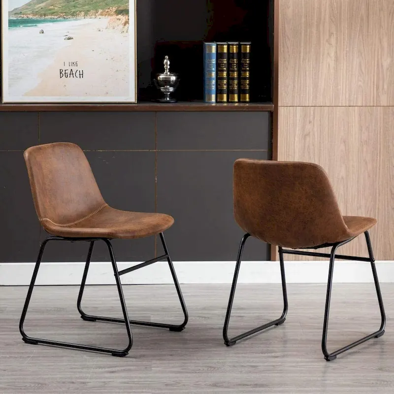 Home Beyond Set of 2 Pcs Synthetic Leather Upholstered Dining Chairs Armlesss with Metal Frame UC-13BRN