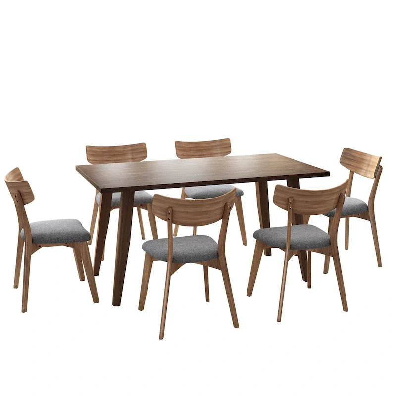 7-Piece Mid-Century Dining Set with Rectangular Table & 6 Chairs