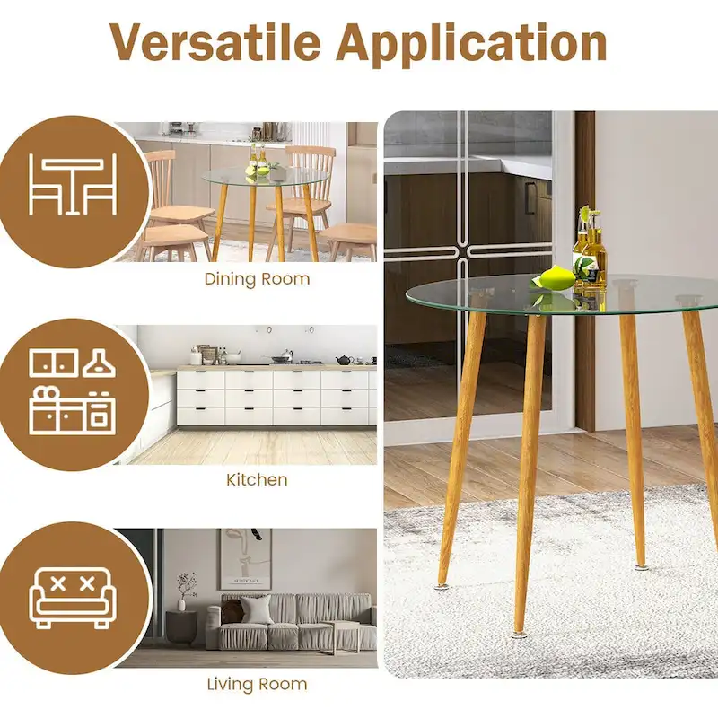 Clear Round Glass Dining Table with Metal Legs, Seats 2–4