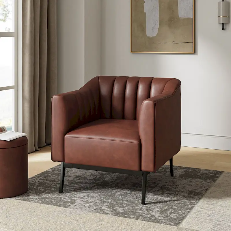 Industrial Leather Chair with Channel Tufting and Metal Leg