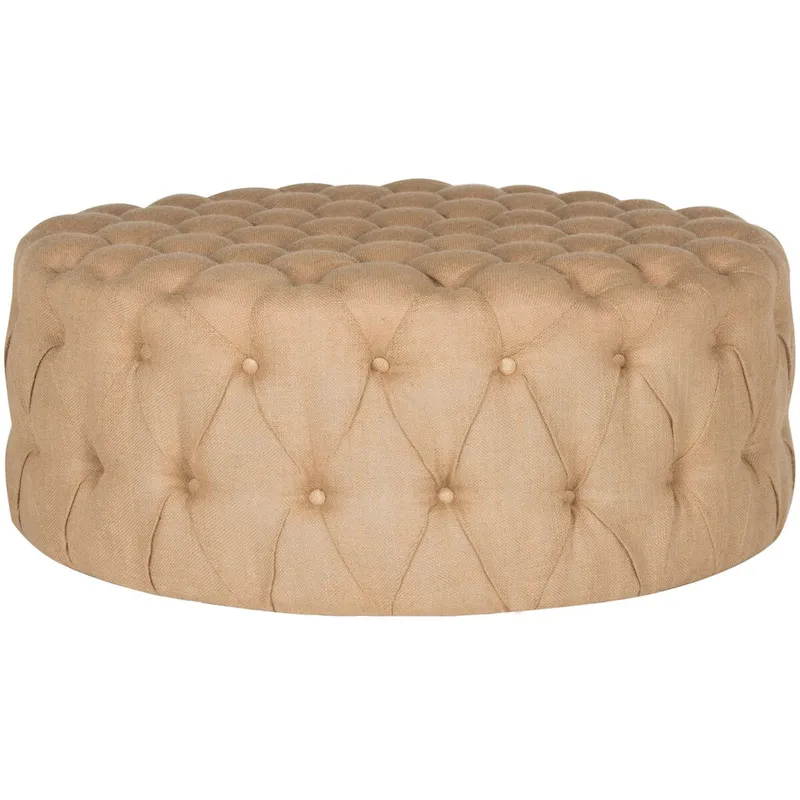 Round Button-Tufted Linen Ottoman – Mushroom / Grey / Antique Gold / Wheat / Bordeaux / Navy / Taupe, Single