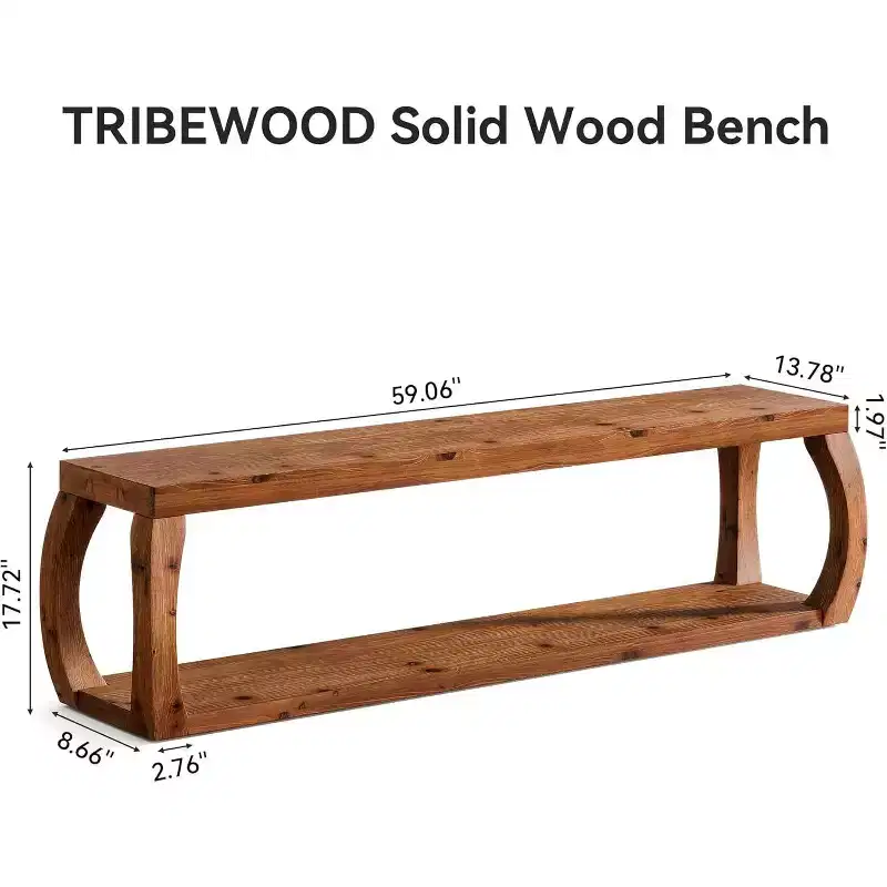 Lantine 59-Inch 2-Tier Solid Wood Entryway Bench, Farmhouse Shoe Storage Bench for Bedroom, Kitchen, Hallway, Rustic Brown