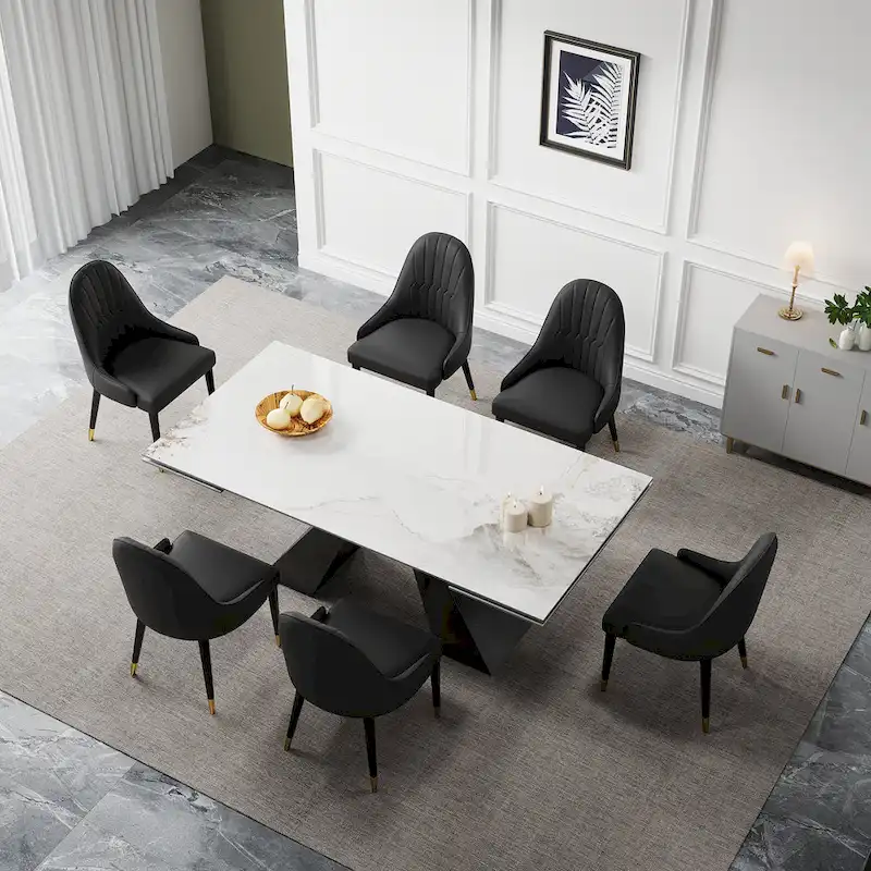 9 - Piece 110.24 Extendable Sintered Stone Dining Table and 8 Leather Chairs Dining Set
