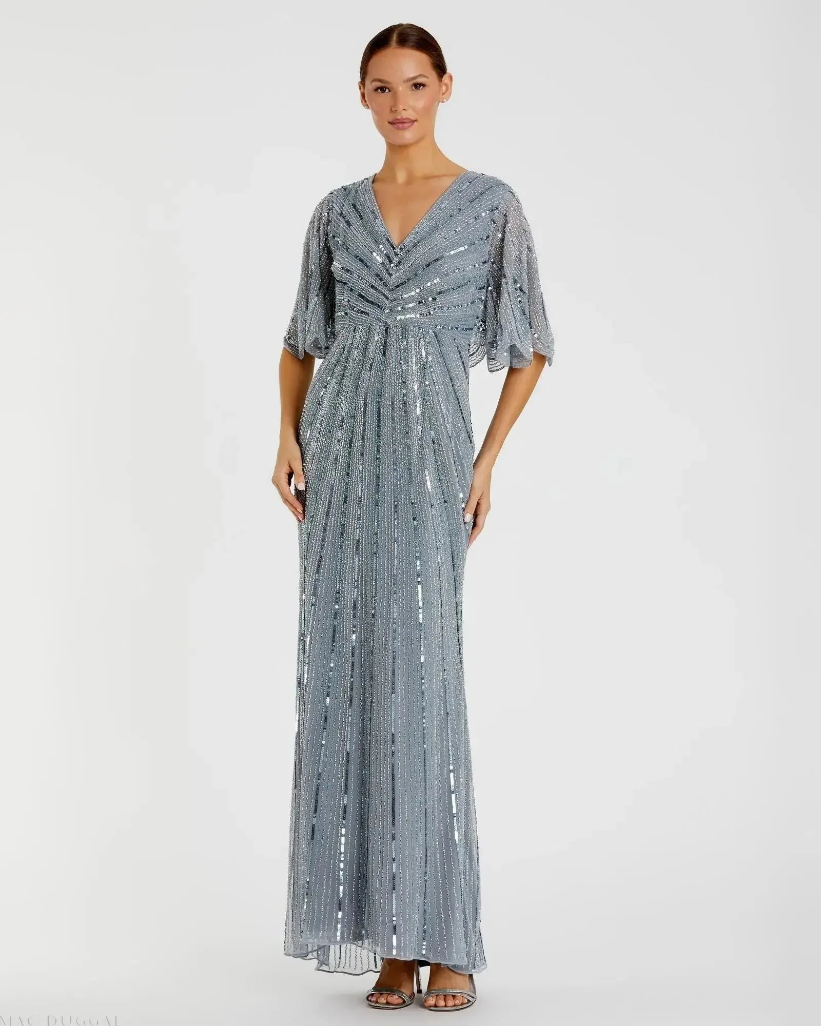 Blue Sequined V Neck Cape Sleeve Gown - FINAL SALE