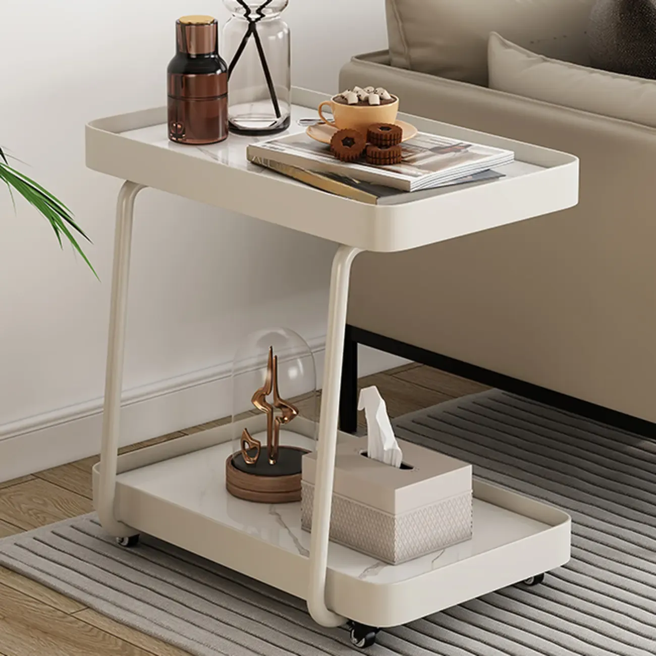 Modern C-Shaped White Stone Rectangular Swivel Side Table