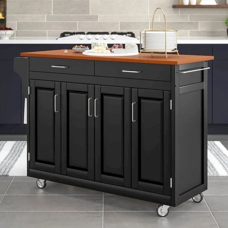 Puff Island Black Finish with Oak Top Kitchen Cart