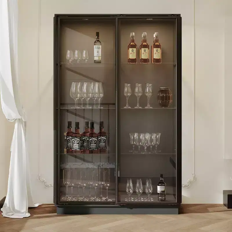Hitow Oversized Black Wine & Kitchen Storage Cabinet  Sliding Glass Doors,LED Spotlights, Large Capacity Pantry for Dining Room