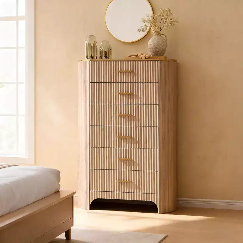 Fluted Dresser for Bedroom, Chest of Drawers with Gold Handles, Curved Profile, Wood Storage Dressers Organizer for Bedroom, Living Room