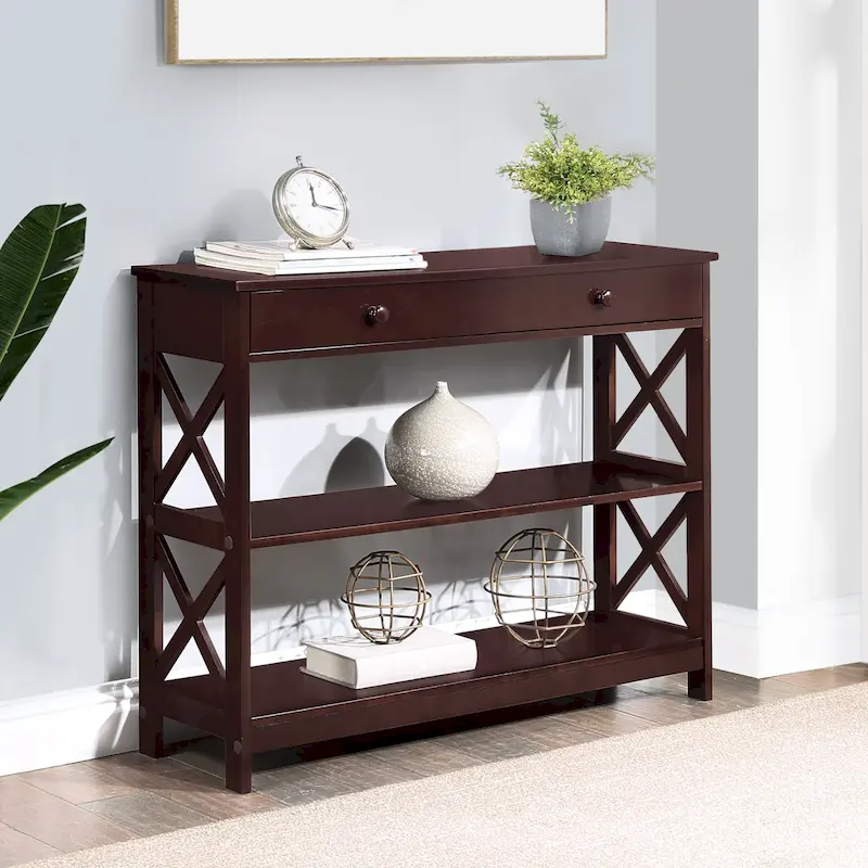 X-Frame Console Table with 1 Drawer & 3-Tier Shelves – 15 Finishes, Transitional Style, Single