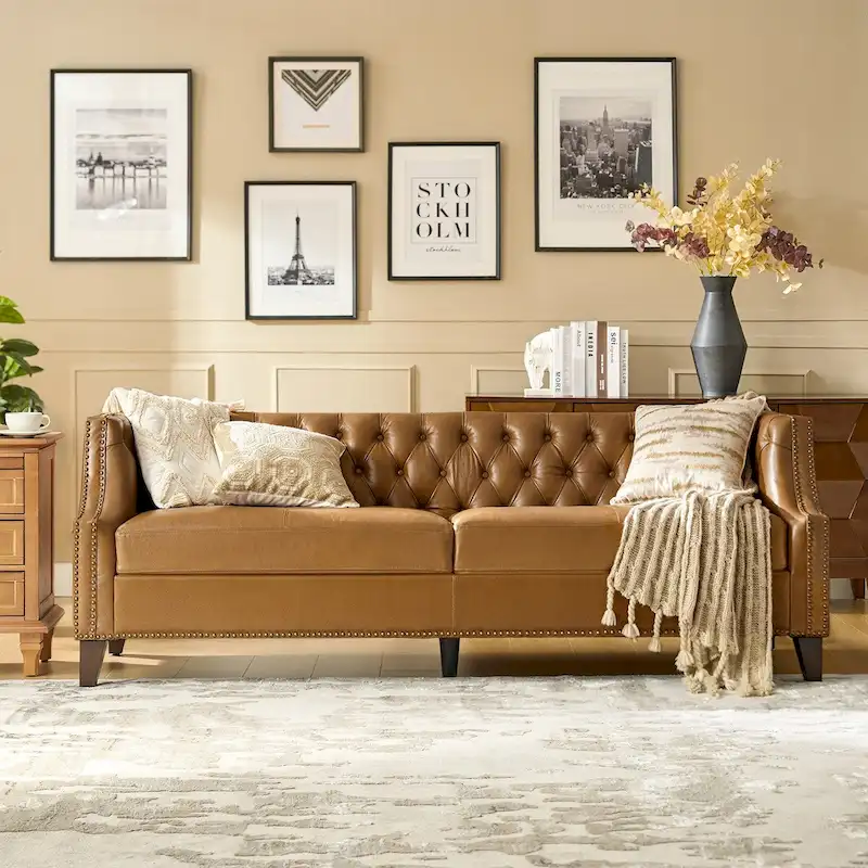 Transitional Genuine Leather Tufted Design Sofa with Solid Wood Legs